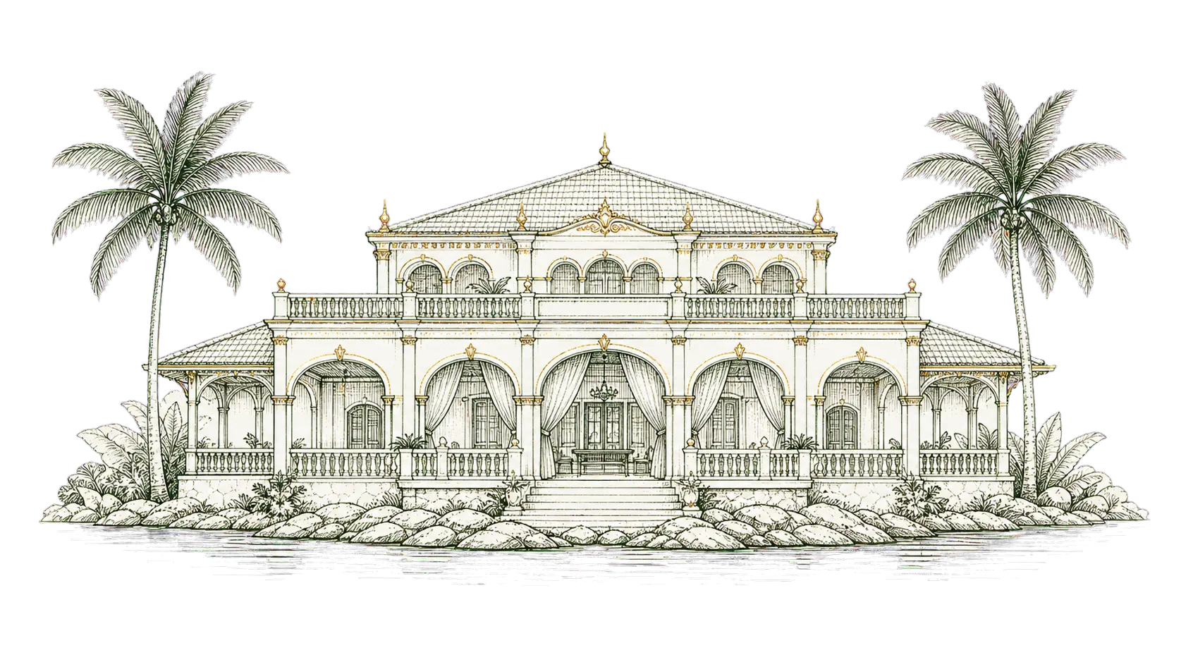 Decorative illustration of a coastal reception pavilion with palms